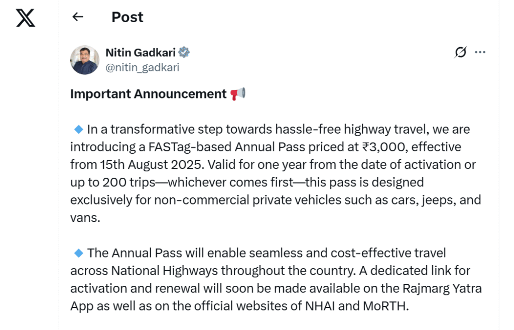 Nitin Gadkari FASTag Annual Pass